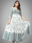Saima - Grey Ivory Blue Block Printed Box Pleated…